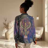 Isis Ankh Symbol Women Casual Shirt with Celestial Wings in Ancient Egyptian Cosmic
