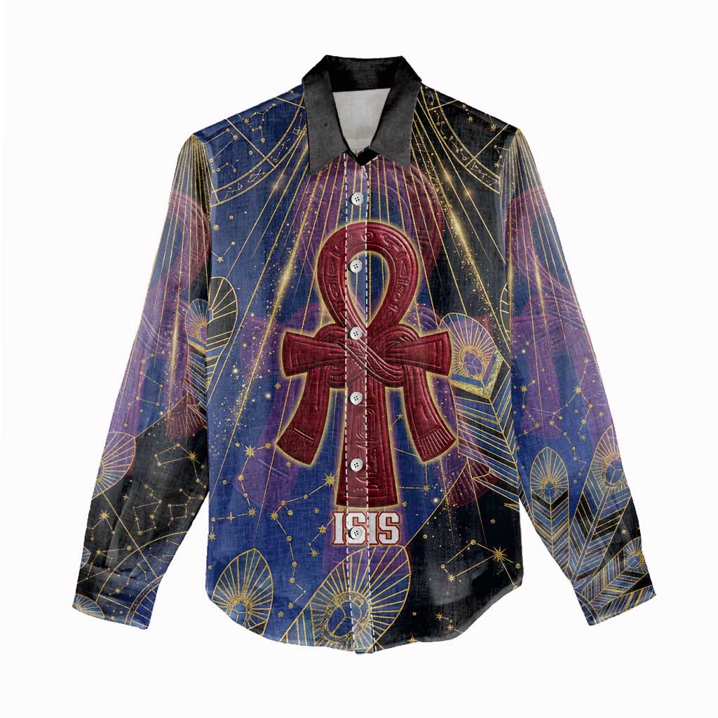 Isis Ankh Symbol Women Casual Shirt with Celestial Wings in Ancient Egyptian Cosmic