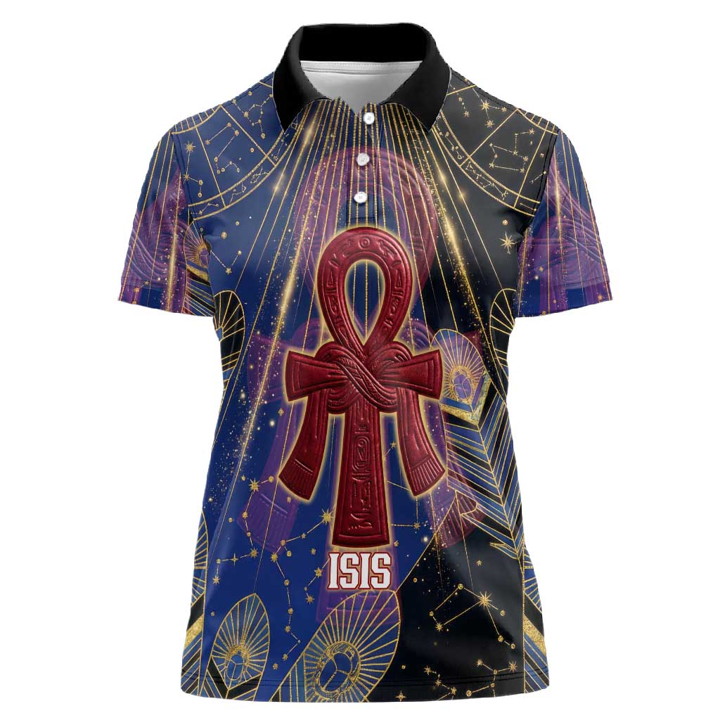 Isis Ankh Symbol Women Polo Shirt with Celestial Wings in Ancient Egyptian Cosmic