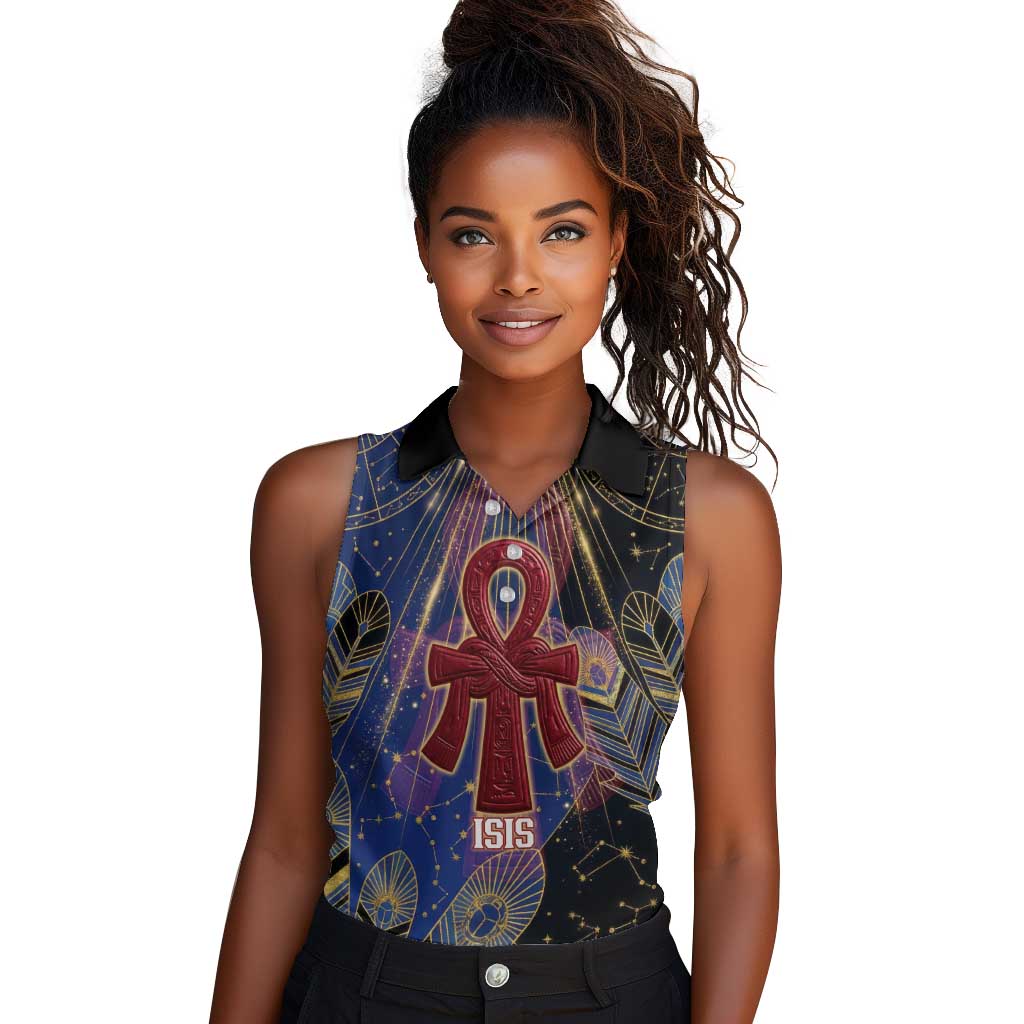 Isis Ankh Symbol Women Sleeveless Polo Shirt with Celestial Wings in Ancient Egyptian Cosmic