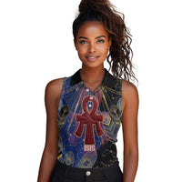 Isis Ankh Symbol Women Sleeveless Polo Shirt with Celestial Wings in Ancient Egyptian Cosmic