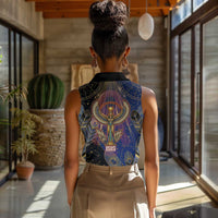 Isis Ankh Symbol Women Sleeveless Polo Shirt with Celestial Wings in Ancient Egyptian Cosmic