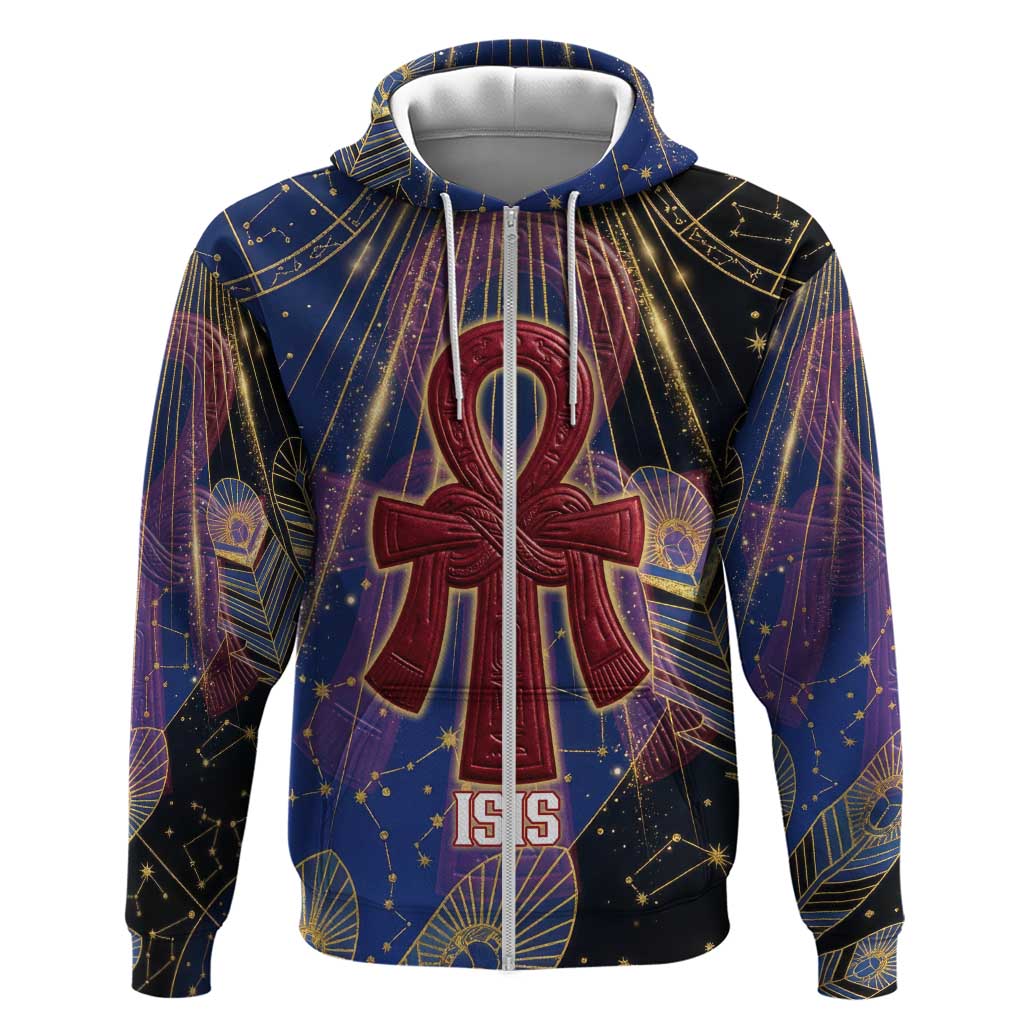 Isis Ankh Symbol Zip Hoodie with Celestial Wings in Ancient Egyptian Cosmic