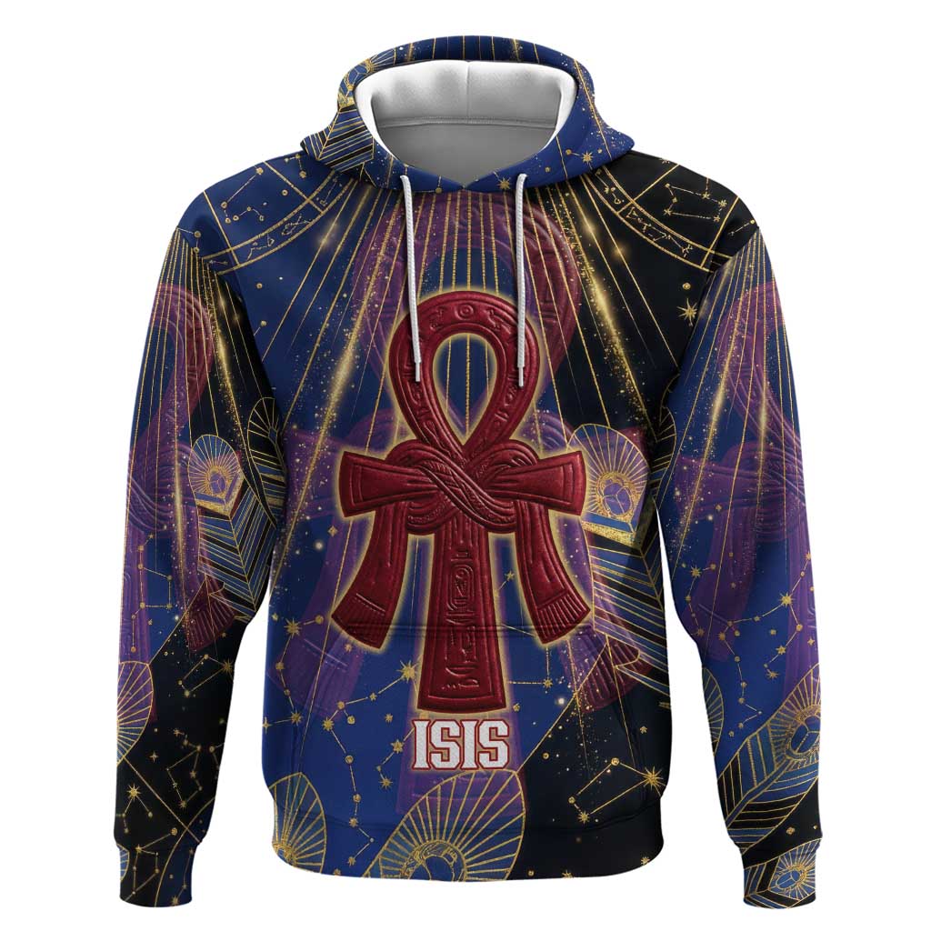 Isis Ankh Symbol Zip Hoodie with Celestial Wings in Ancient Egyptian Cosmic