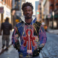 Isis Ankh Symbol Zip Hoodie with Celestial Wings in Ancient Egyptian Cosmic