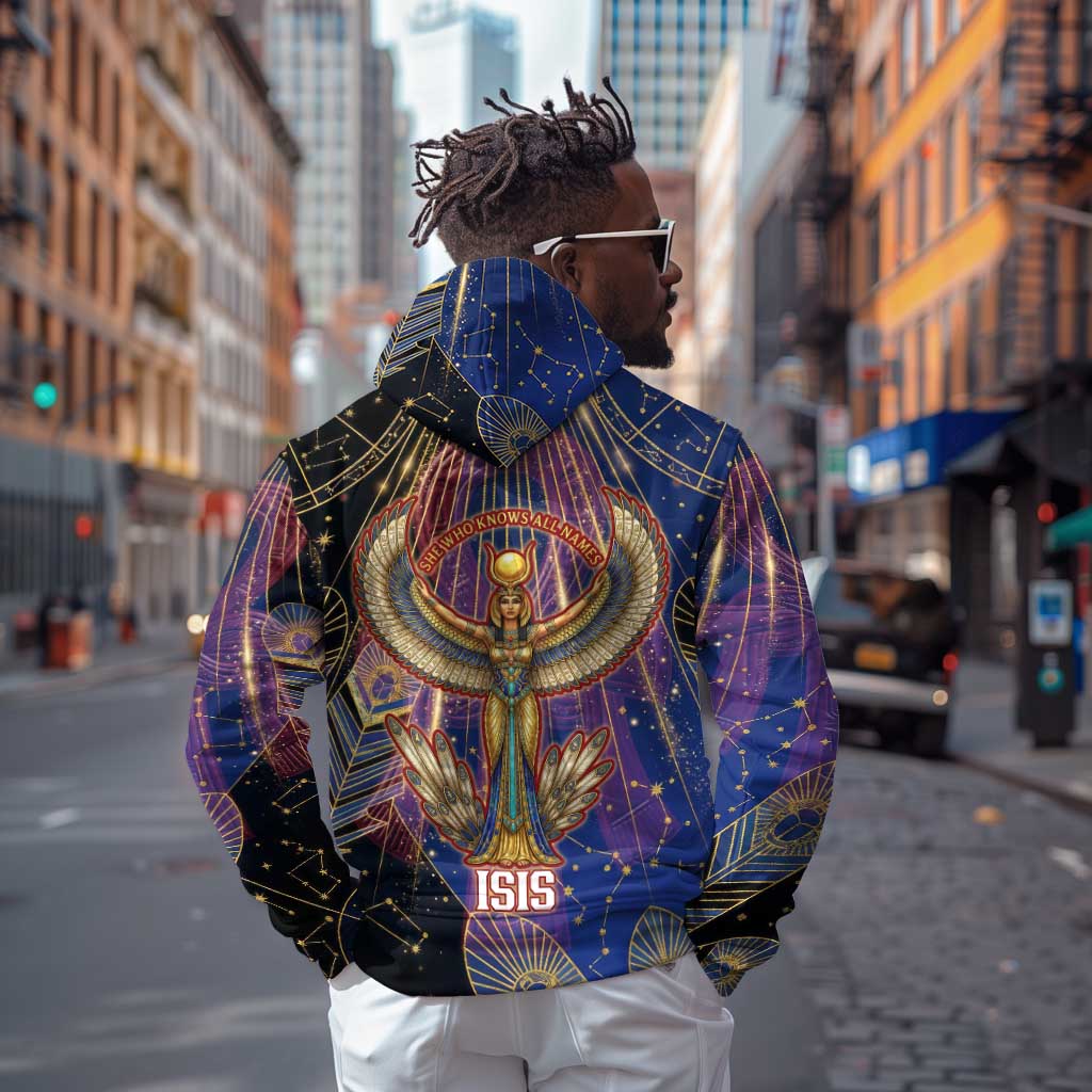 Isis Ankh Symbol Zip Hoodie with Celestial Wings in Ancient Egyptian Cosmic