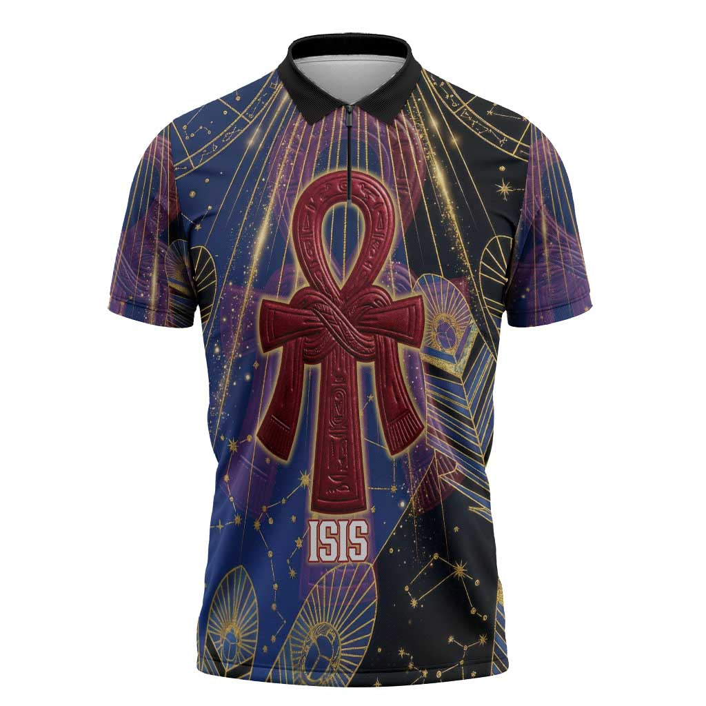 Isis Ankh Symbol Zipper Polo Shirt with Celestial Wings in Ancient Egyptian Cosmic
