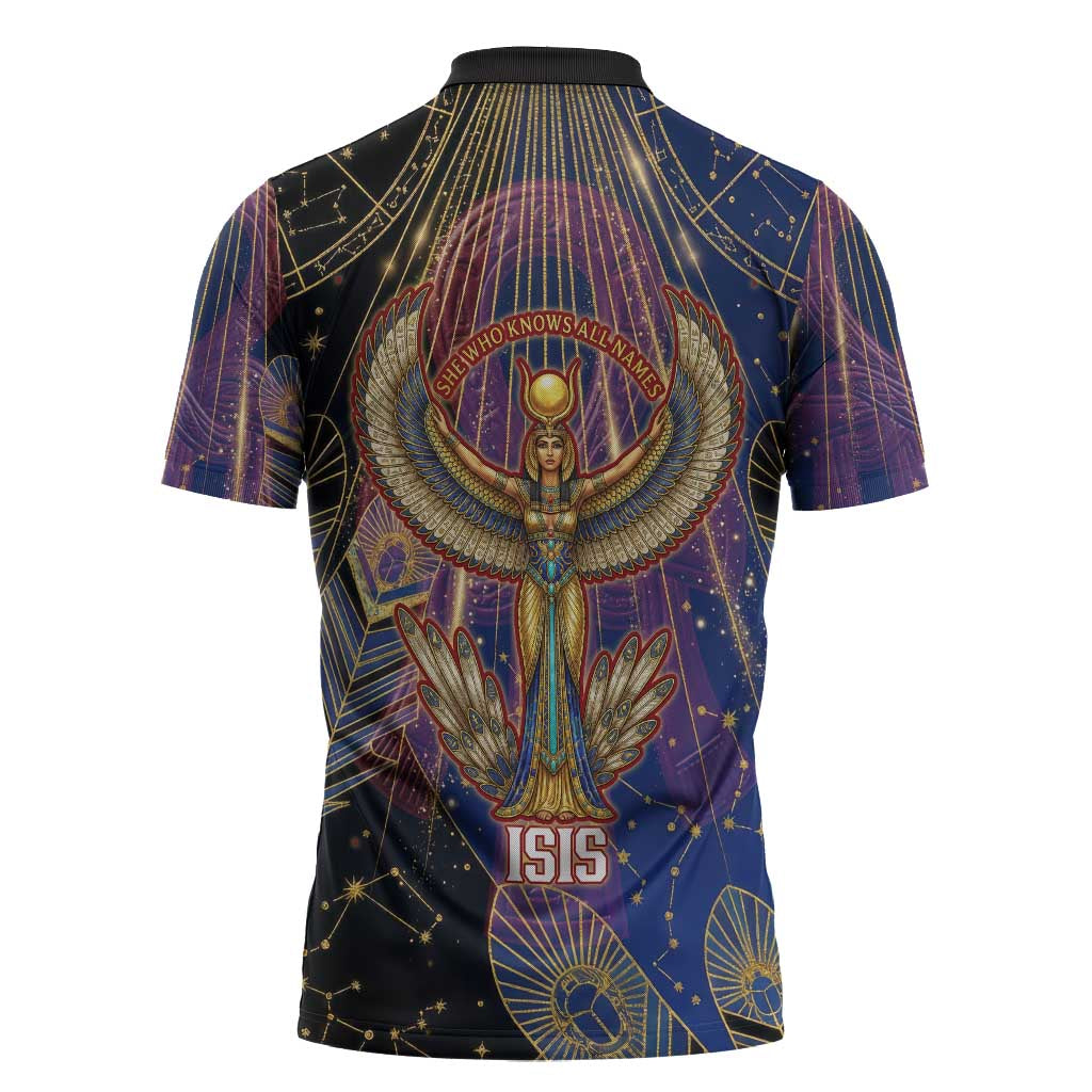 Isis Ankh Symbol Zipper Polo Shirt with Celestial Wings in Ancient Egyptian Cosmic