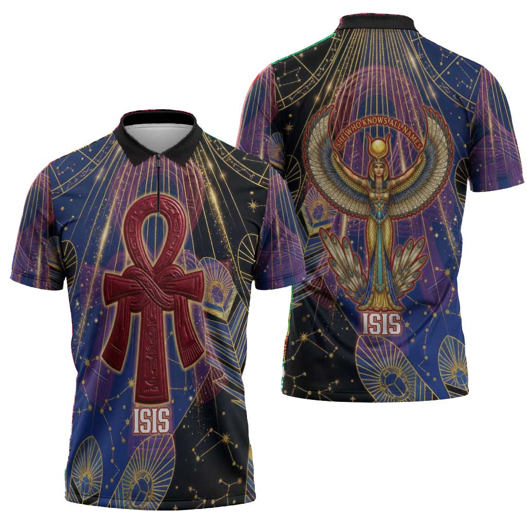 Isis Ankh Symbol Zipper Polo Shirt with Celestial Wings in Ancient Egyptian Cosmic