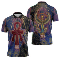 Isis Ankh Symbol Zipper Polo Shirt with Celestial Wings in Ancient Egyptian Cosmic