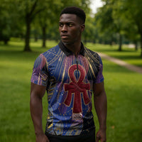 Isis Ankh Symbol Zipper Polo Shirt with Celestial Wings in Ancient Egyptian Cosmic