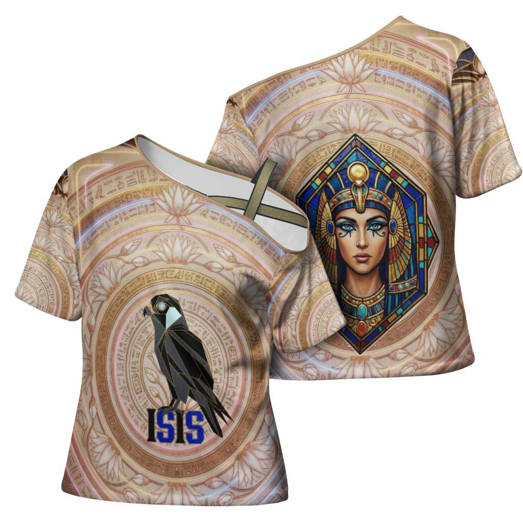 Isis Cross Shoulder Shirt with Falcon Symbol and Sacred Geometry in Egyptian
