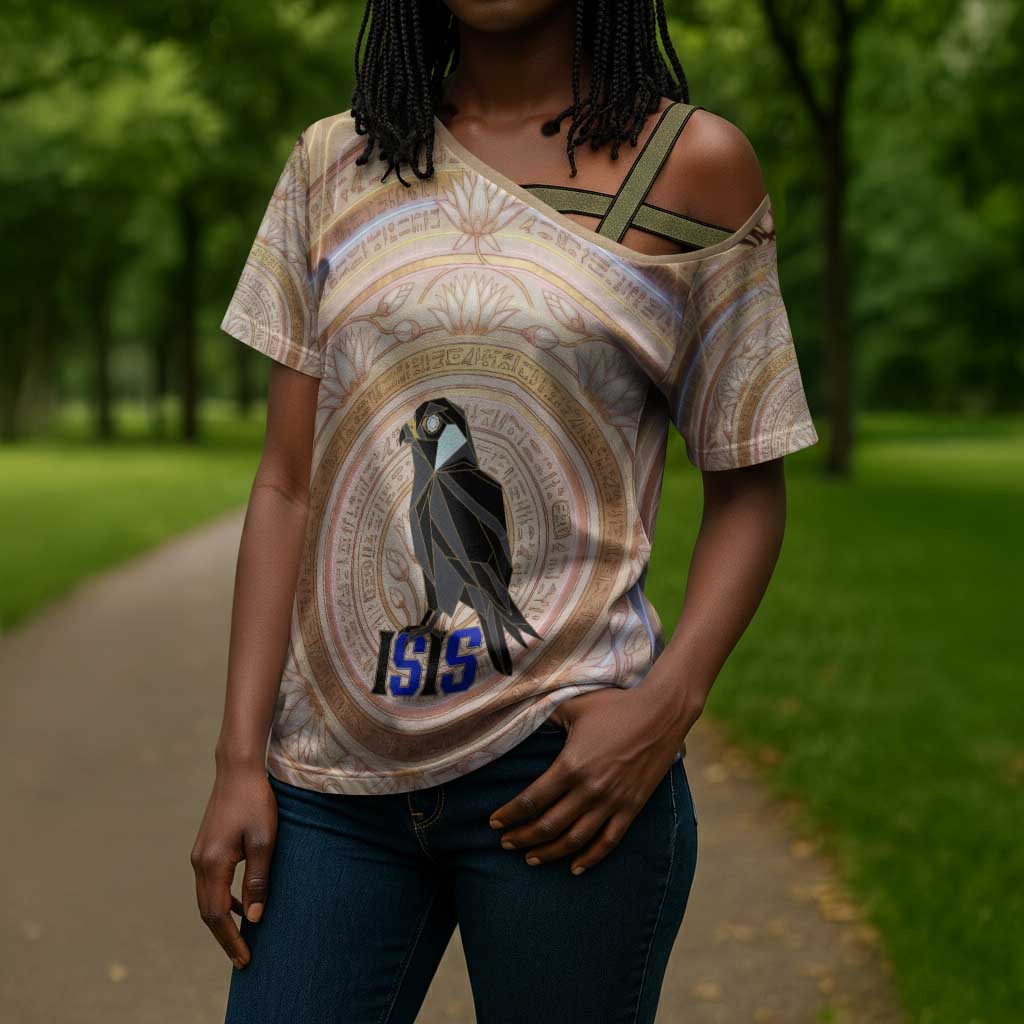Isis Cross Shoulder Shirt with Falcon Symbol and Sacred Geometry in Egyptian