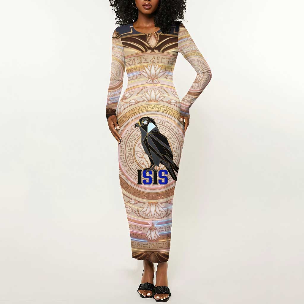 Isis Long Sleeve Bodycon Dress with Falcon Symbol and Sacred Geometry in Egyptian