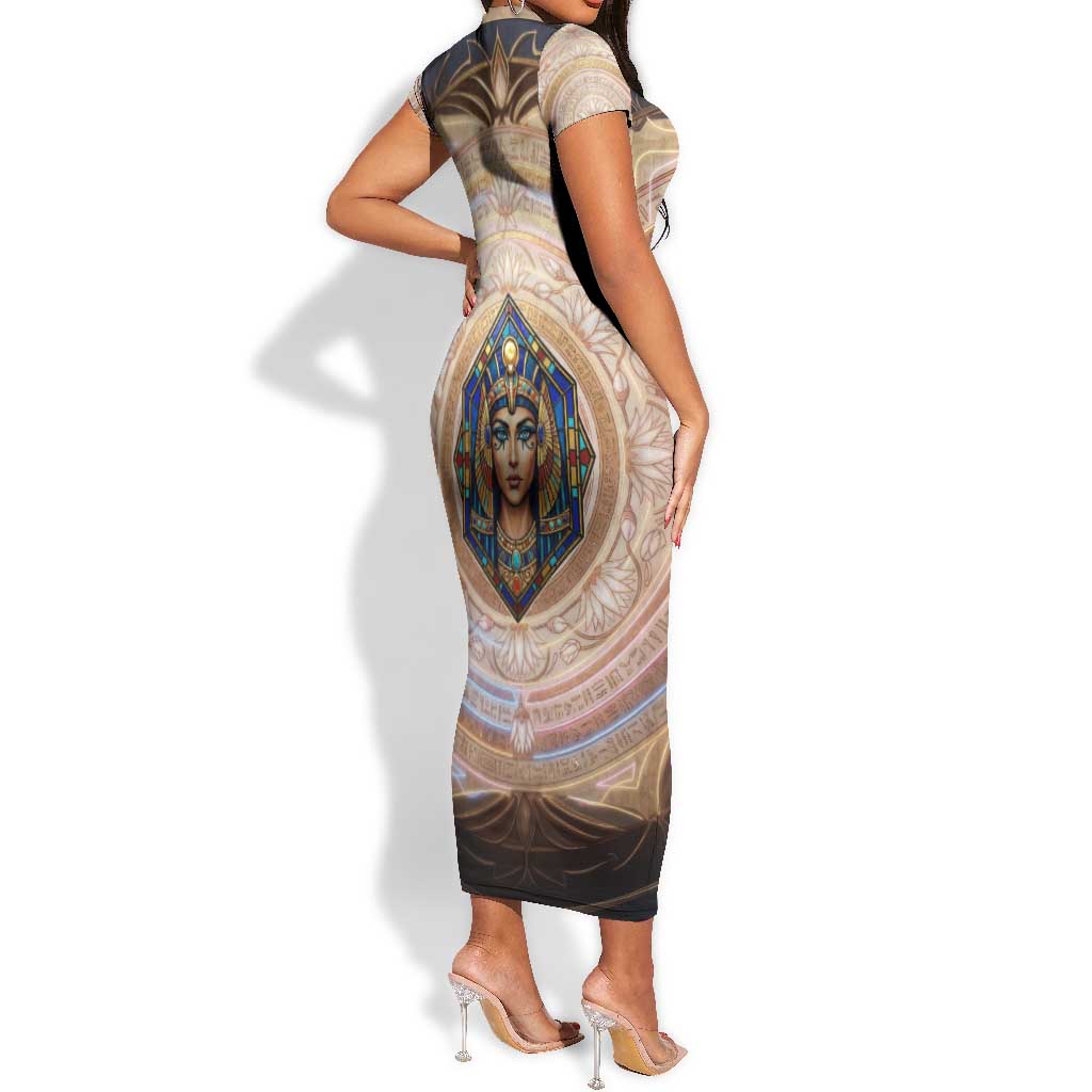 Isis Short Sleeve Bodycon Dress with Falcon Symbol and Sacred Geometry in Egyptian