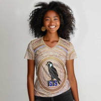 Isis Women V-Neck T-Shirt with Falcon Symbol and Sacred Geometry in Egyptian
