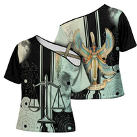 Ma’at Feather Egyptian Cross Shoulder Shirt with Scales Symbolizing Truth and Cosmic Balance
