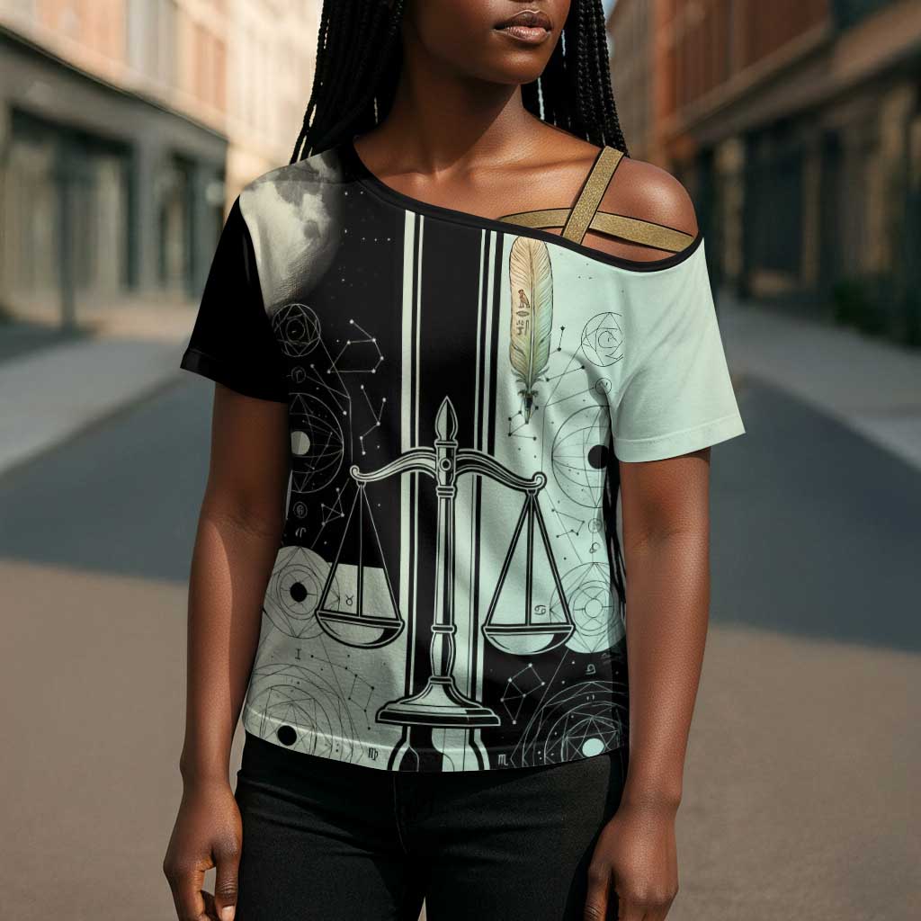 Ma’at Feather Egyptian Cross Shoulder Shirt with Scales Symbolizing Truth and Cosmic Balance