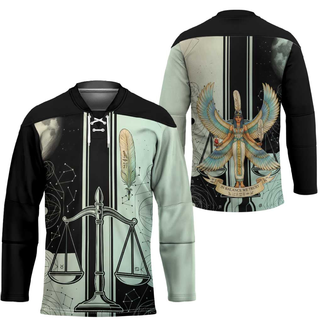 Ma’at Feather Egyptian Hockey Jersey with Scales Symbolizing Truth and Cosmic Balance
