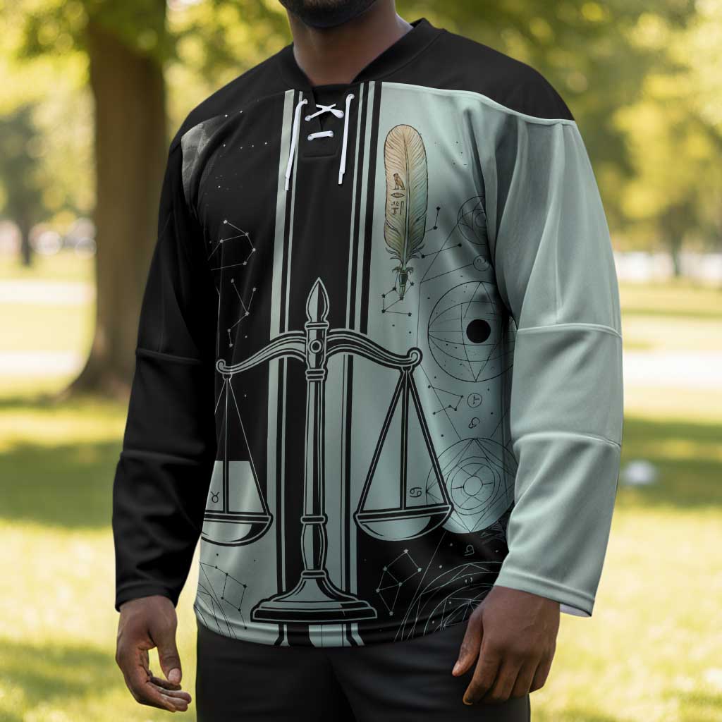 Ma’at Feather Egyptian Hockey Jersey with Scales Symbolizing Truth and Cosmic Balance