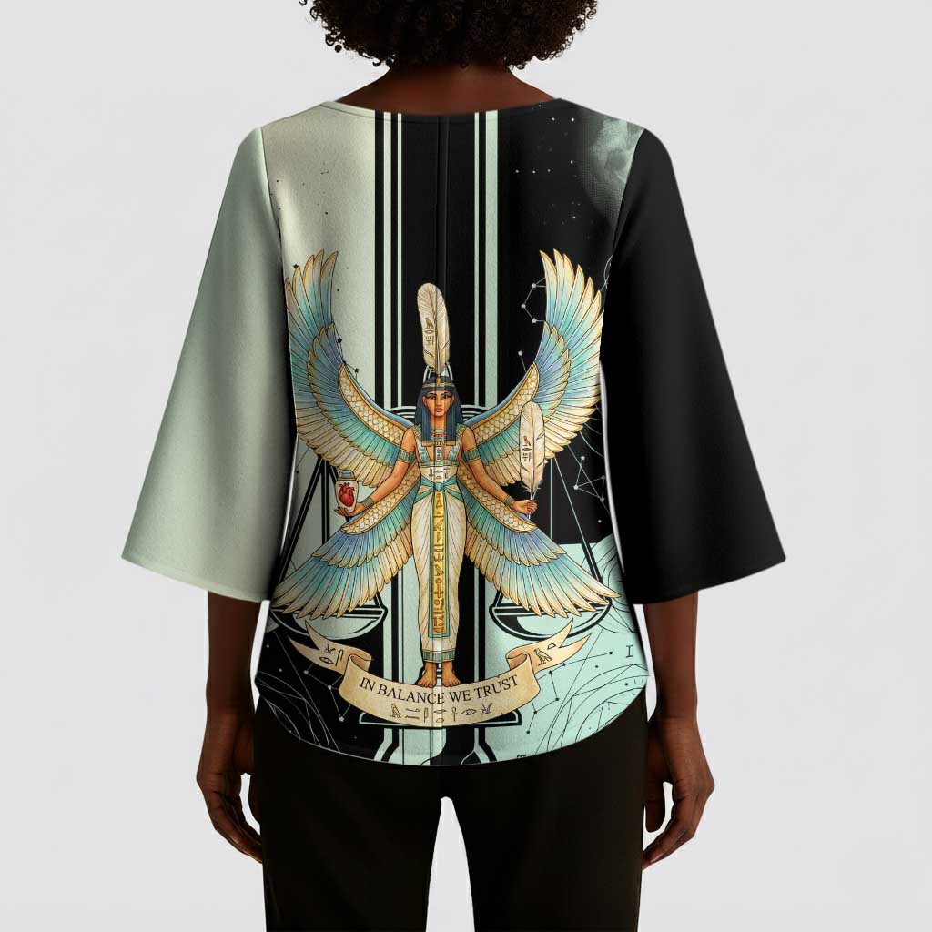 Ma’at Feather Egyptian Kimono Sleeve Blouse with Scales Symbolizing Truth and Cosmic Balance