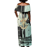 Ma’at Feather Egyptian Off Shoulder Maxi Dress with Scales Symbolizing Truth and Cosmic Balance