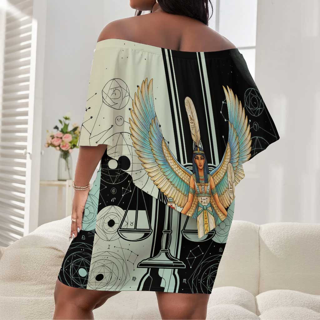 Ma’at Feather Egyptian Off Shoulder Short Dress with Scales Symbolizing Truth and Cosmic Balance