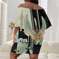 Ma’at Feather Egyptian Off Shoulder Short Dress with Scales Symbolizing Truth and Cosmic Balance