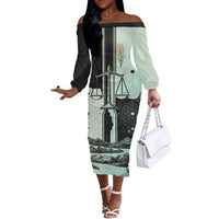 Ma’at Feather Egyptian Off The Shoulder Long Sleeve Dress with Scales Symbolizing Truth and Cosmic Balance
