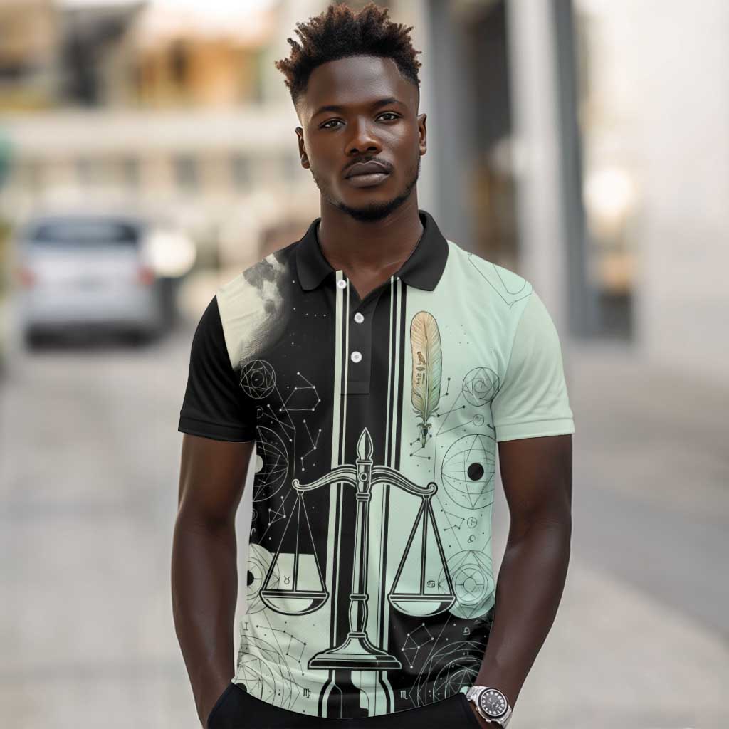 Ma’at Feather Egyptian Polo Shirt with Scales Symbolizing Truth and Cosmic Balance