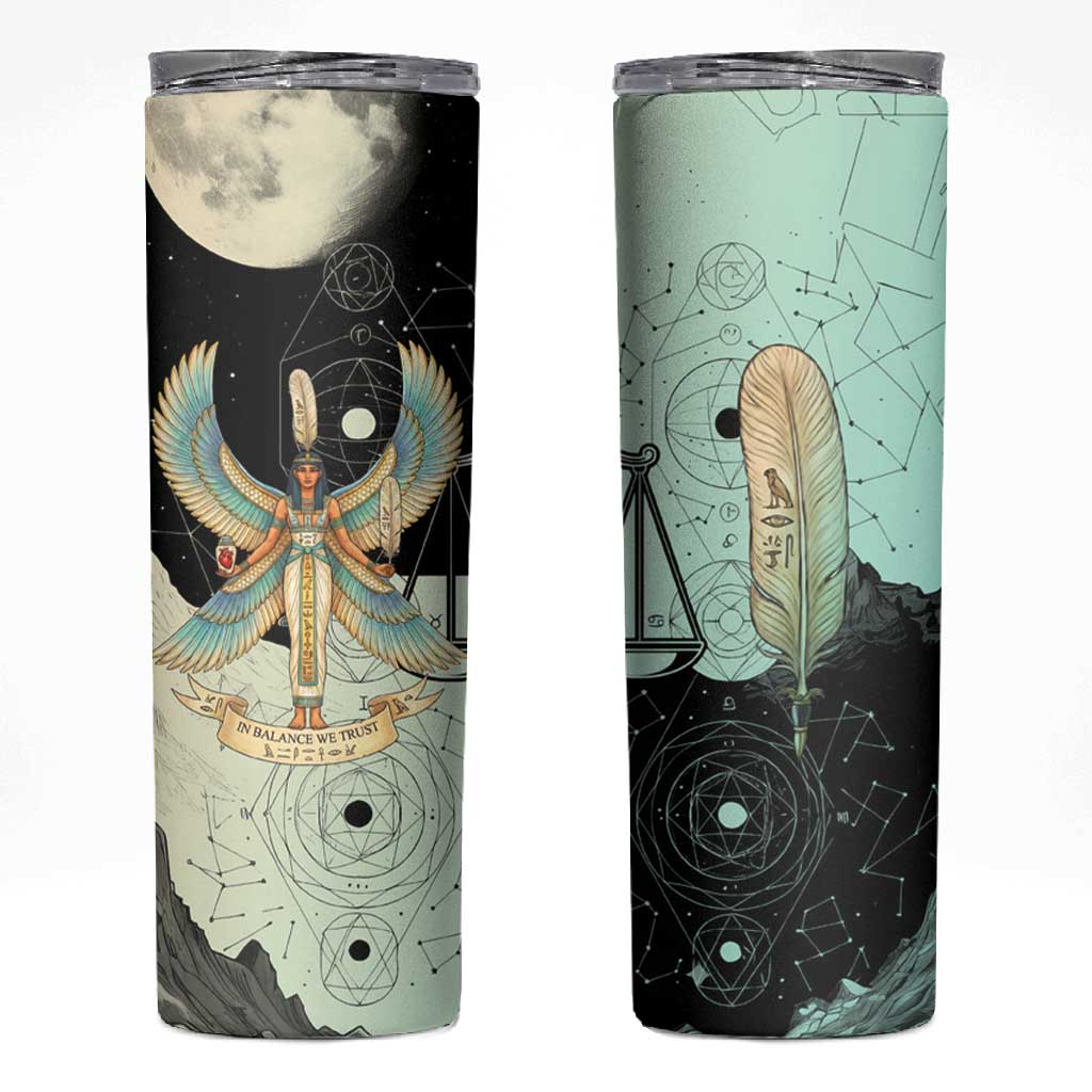 Ma’at Feather Egyptian Skinny Tumbler with Scales Symbolizing Truth and Cosmic Balance