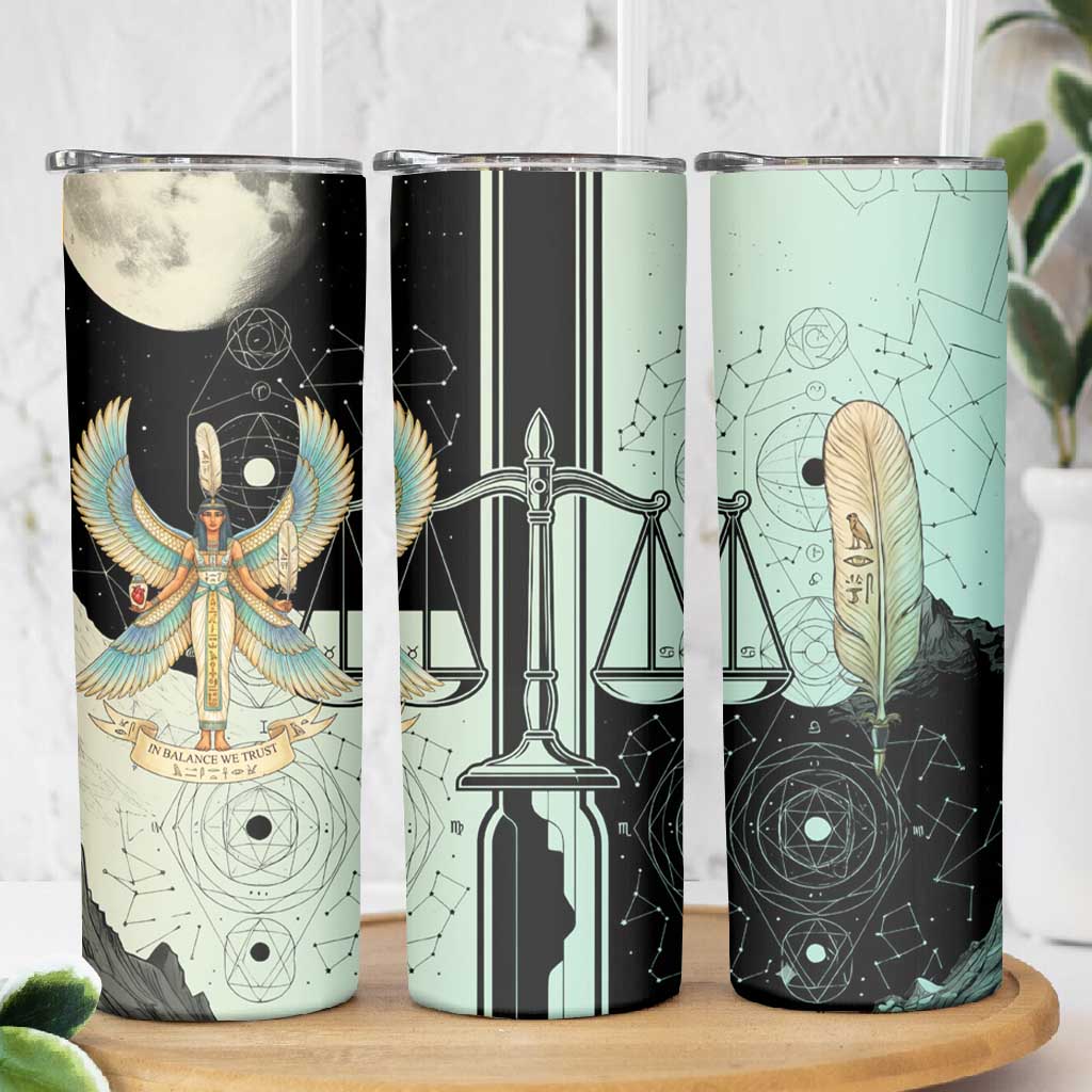 Ma’at Feather Egyptian Skinny Tumbler with Scales Symbolizing Truth and Cosmic Balance