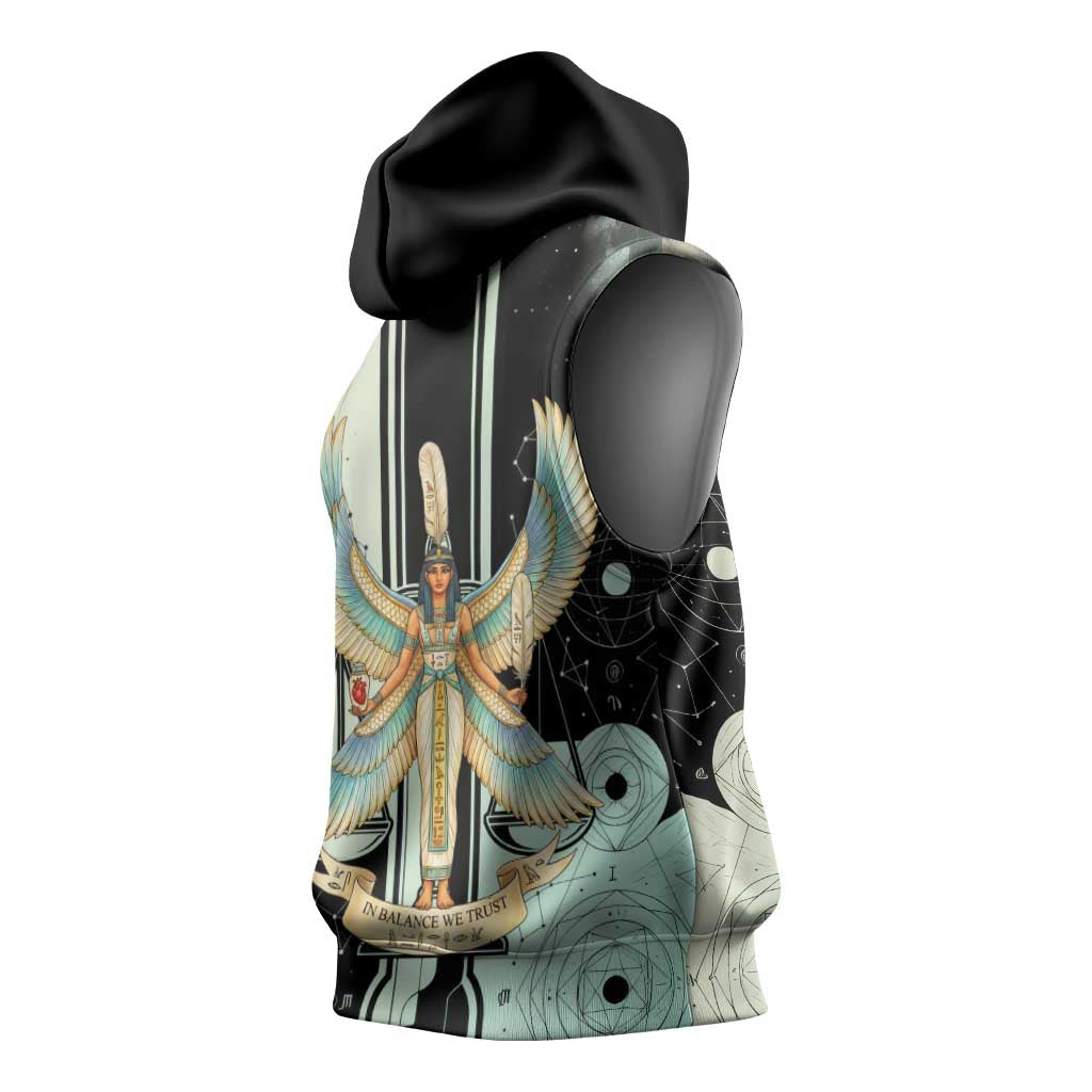 Ma’at Feather Egyptian Sleeveless Hoodie with Scales Symbolizing Truth and Cosmic Balance