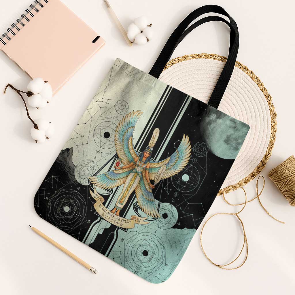 Ma’at Feather Egyptian Tote Bag with Scales Symbolizing Truth and Cosmic Balance
