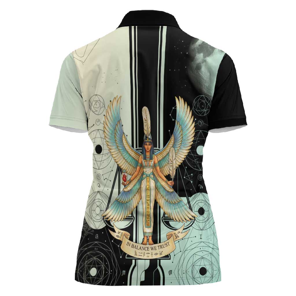 Ma’at Feather Egyptian Women Polo Shirt with Scales Symbolizing Truth and Cosmic Balance