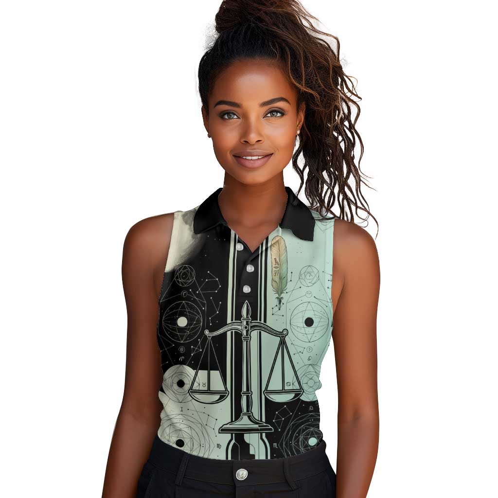 Ma’at Feather Egyptian Women Sleeveless Polo Shirt with Scales Symbolizing Truth and Cosmic Balance