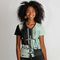 Ma’at Feather Egyptian Women V-Neck T-Shirt with Scales Symbolizing Truth and Cosmic Balance