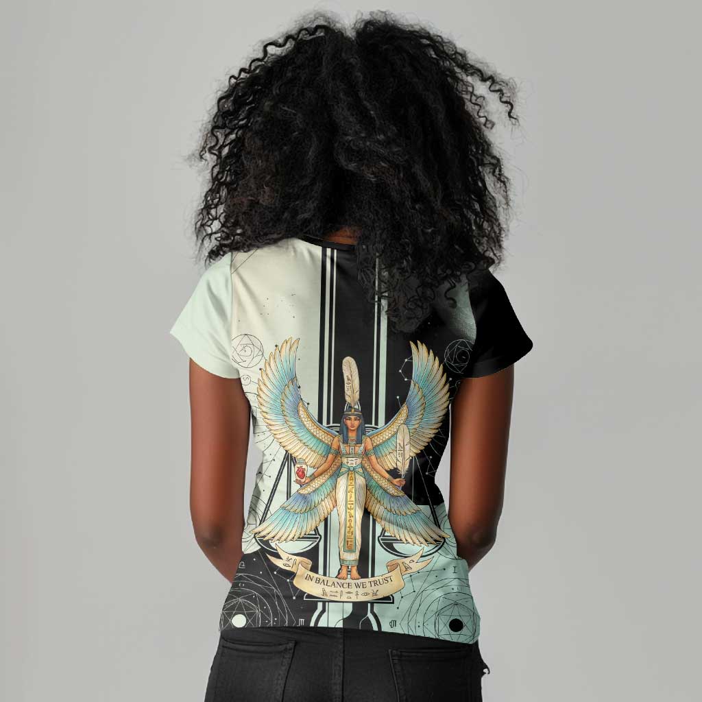 Ma’at Feather Egyptian Women V-Neck T-Shirt with Scales Symbolizing Truth and Cosmic Balance
