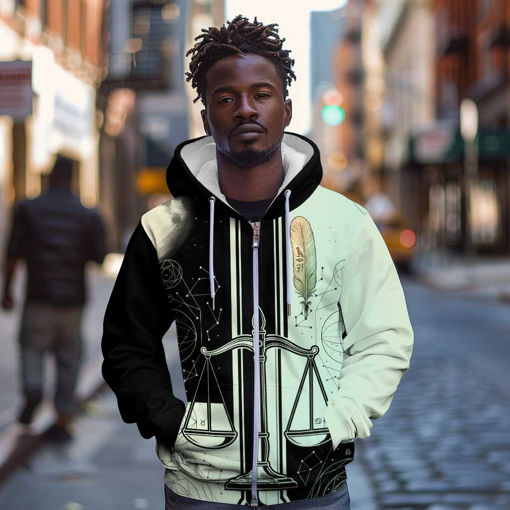 Ma’at Feather Egyptian Zip Hoodie with Scales Symbolizing Truth and Cosmic Balance