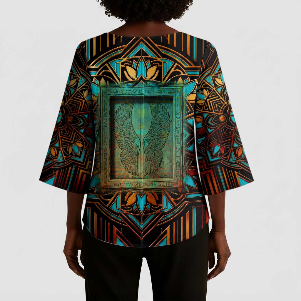 Ma’at Eye of Horus Kimono Sleeve Blouse Egyptian Feather Celebrating Truth