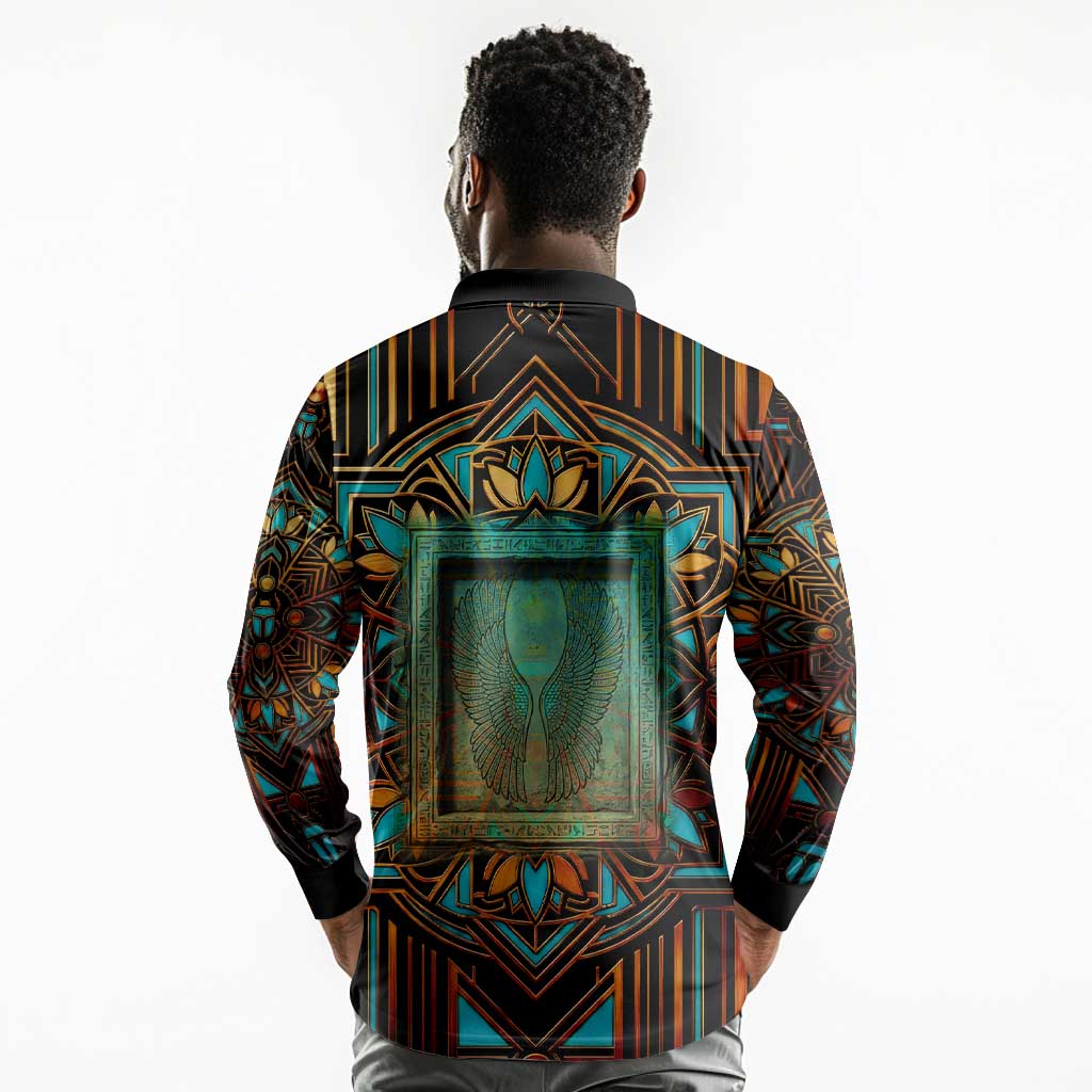 Ma’at Eye of Horus Long Sleeve Polo Shirt Egyptian Feather Celebrating Truth
