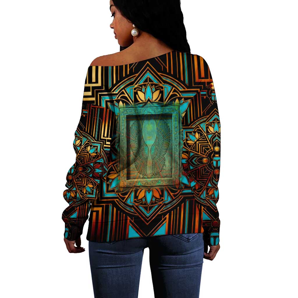 Ma’at Eye of Horus Off Shoulder Sweater Egyptian Feather Celebrating Truth