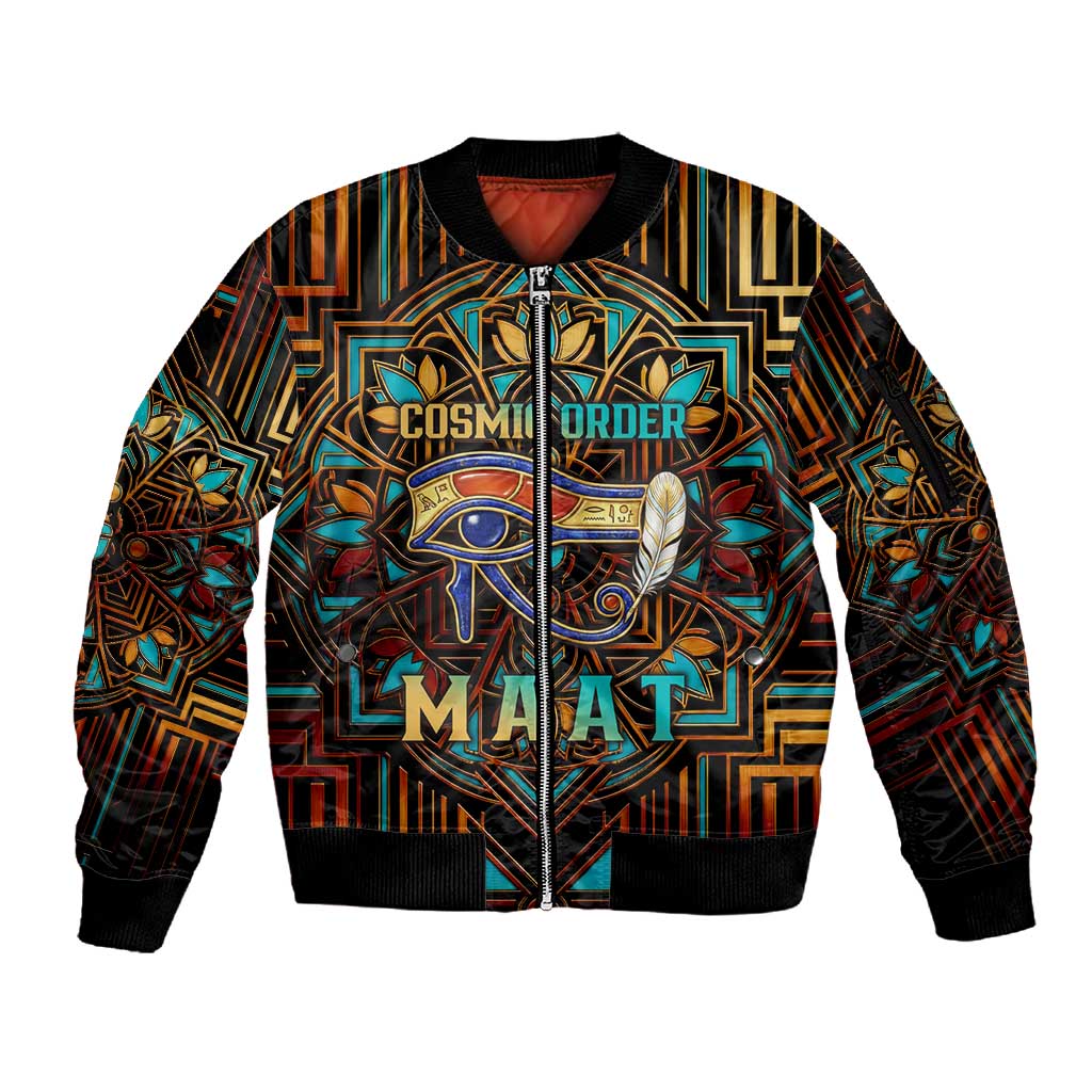Ma’at Eye of Horus Sleeve Zip Bomber Jacket Egyptian Feather Celebrating Truth