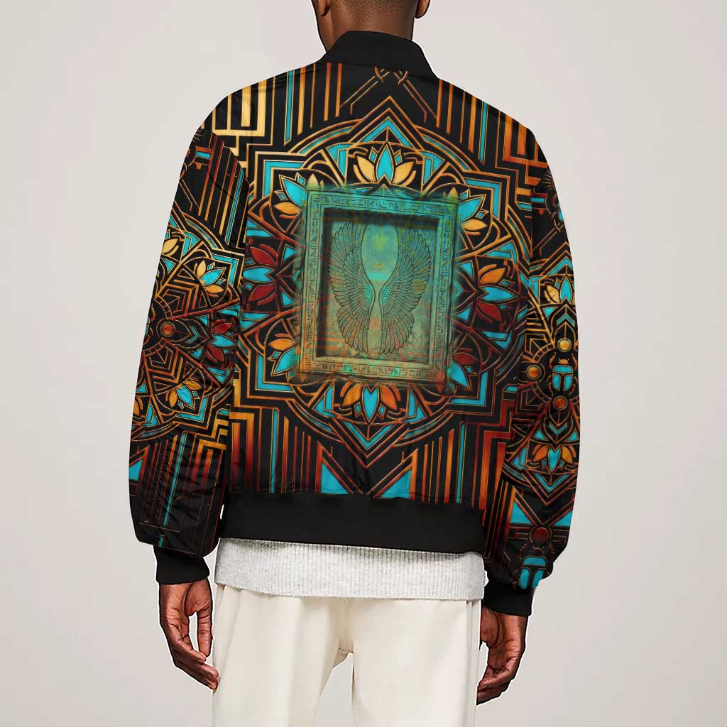 Ma’at Eye of Horus Sleeve Zip Bomber Jacket Egyptian Feather Celebrating Truth