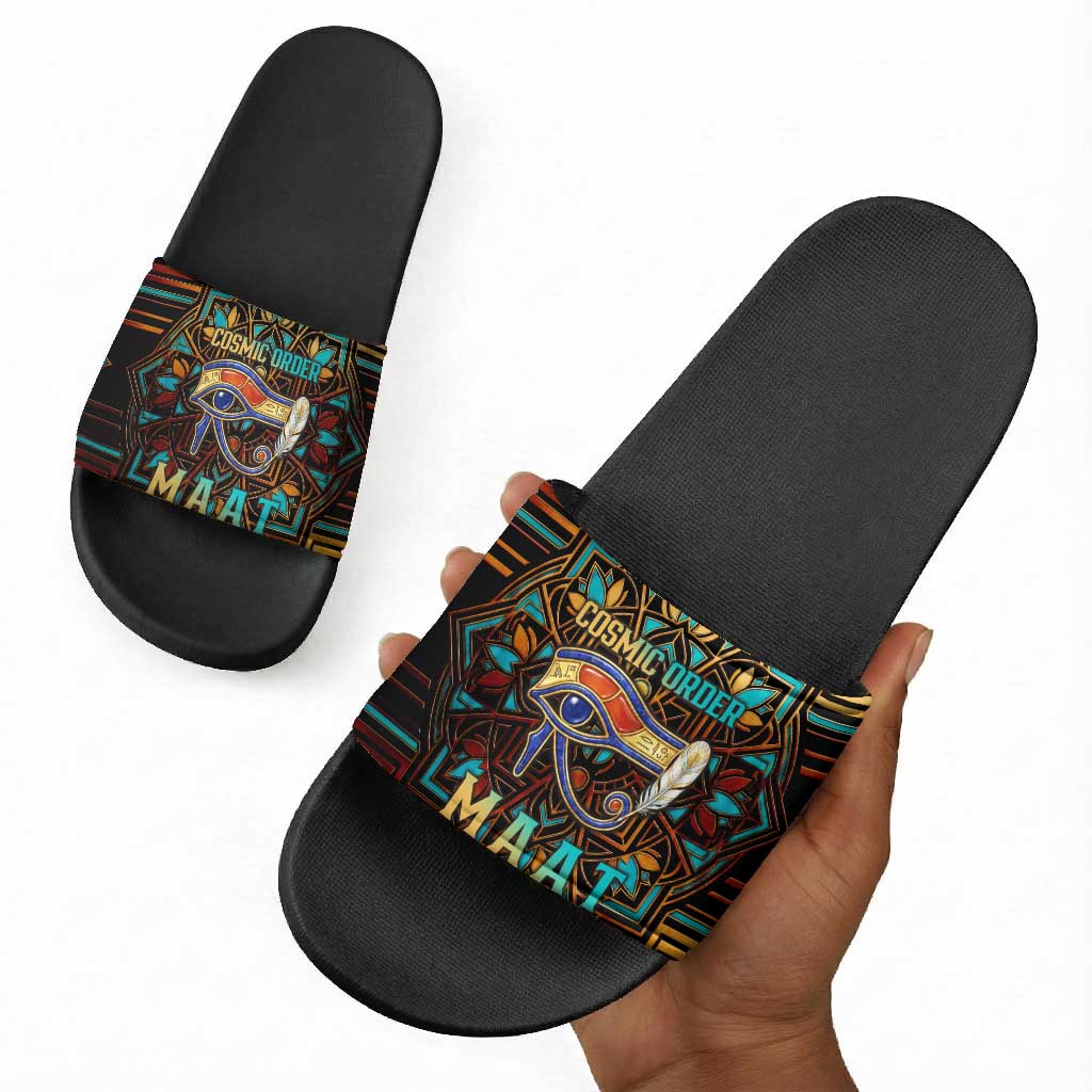 Ma’at Eye of Horus Slide Sandals Egyptian Feather Celebrating Truth