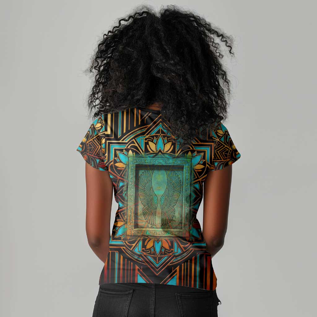 Ma’at Eye of Horus Women V-Neck T-Shirt Egyptian Feather Celebrating Truth