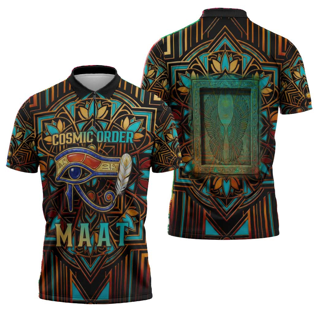 Ma’at Eye of Horus Zipper Polo Shirt Egyptian Feather Celebrating Truth