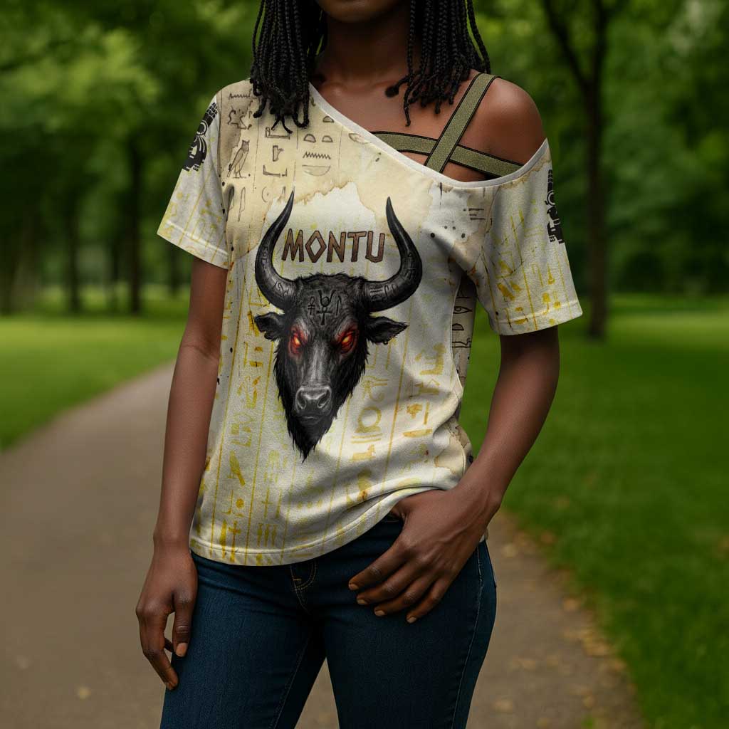 Montu Egyptian Cross Shoulder Shirt War God Mighty Bull Symbol Ancient Power Hieroglyphic