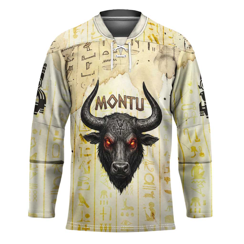 Montu Egyptian Hockey Jersey War God Mighty Bull Symbol Ancient Power Hieroglyphic