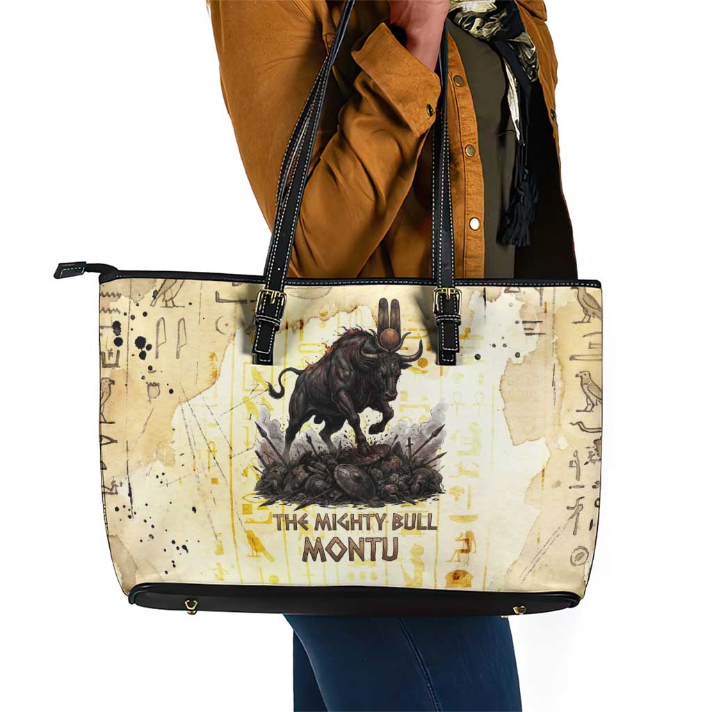 Montu Egyptian Leather Tote Bag War God Mighty Bull Symbol Ancient Power Hieroglyphic